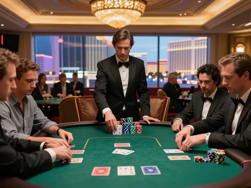 A thrilling poker game atmosphere at sc88bn with intense players and vibrant chip stacks in a Vegas casino.