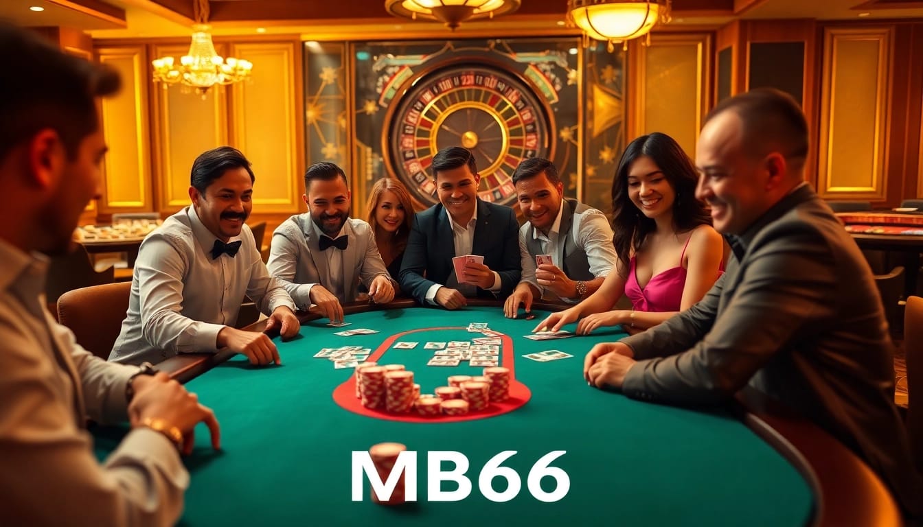 Players strategizing at a lively poker table branded with MB66, highlighting the casino excitement.