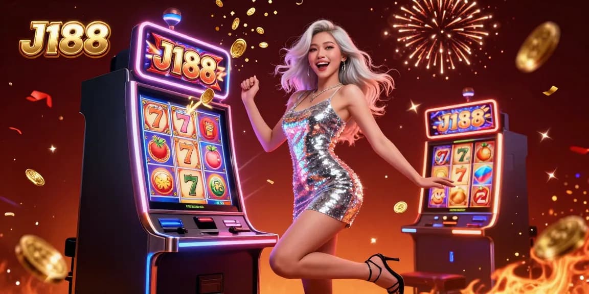 Experience an exciting jackpot win at J188 with a glamorous scene featuring a celebrating player.