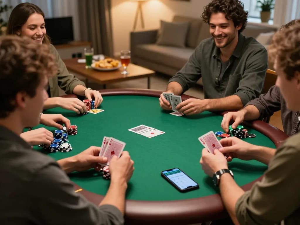 PUB88 poker night in a stylish home, featuring friends playing cards at a green felt table.