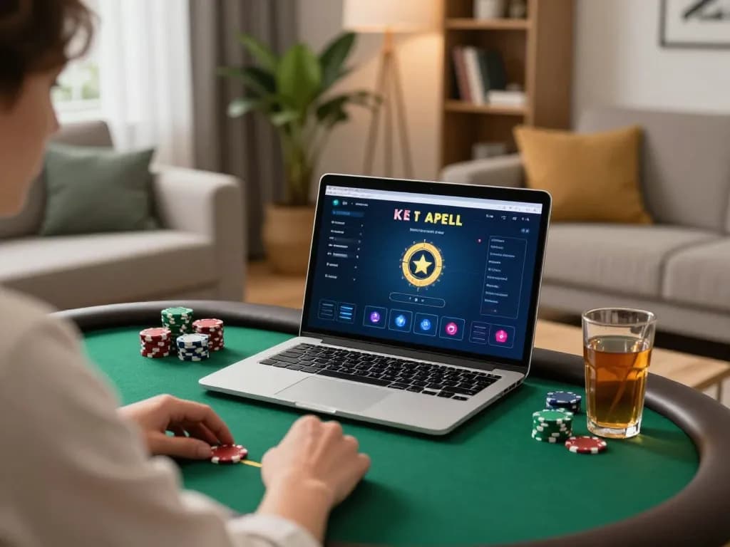 Person playing poker on f8betz platform at home, showcasing strategic gameplay and cozy atmosphere.