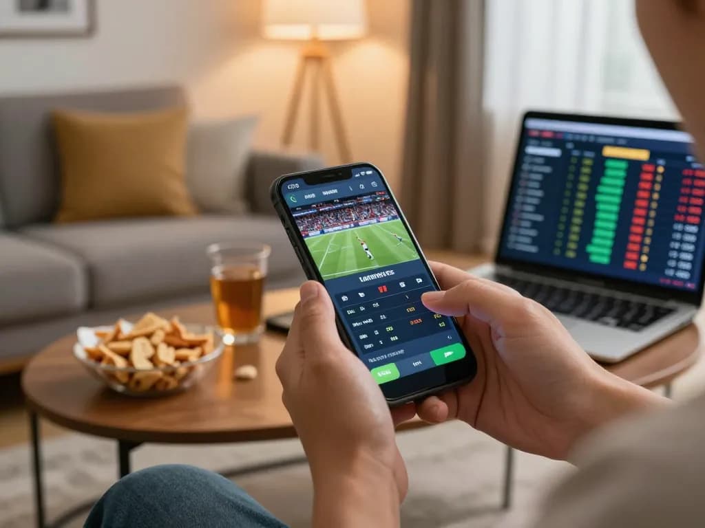 Person engaging with go8 sports betting app on smartphone in a stylish home environment.