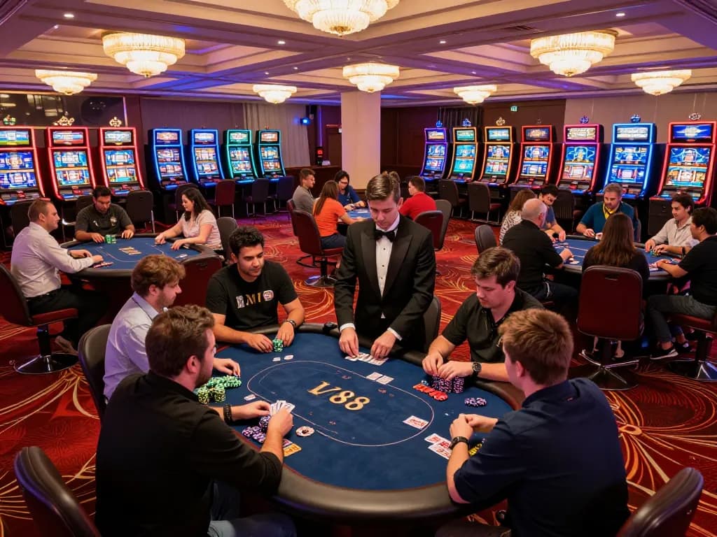 Players enjoying poker at LV88 casino, showcasing excitement and casino ambiance.