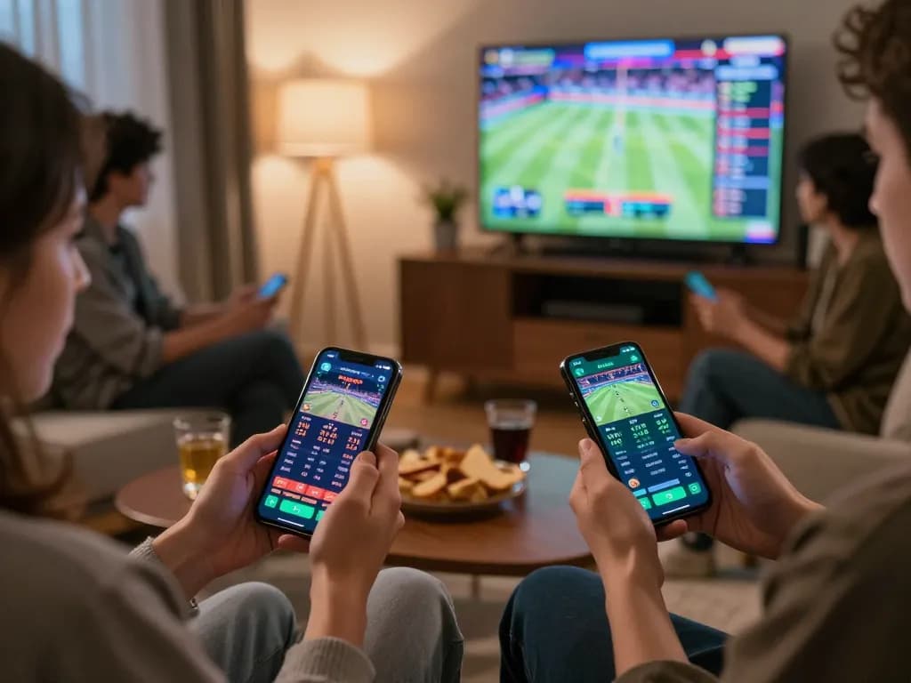 Engaging in online betting with smartphones showing debet odds and game statistics.
