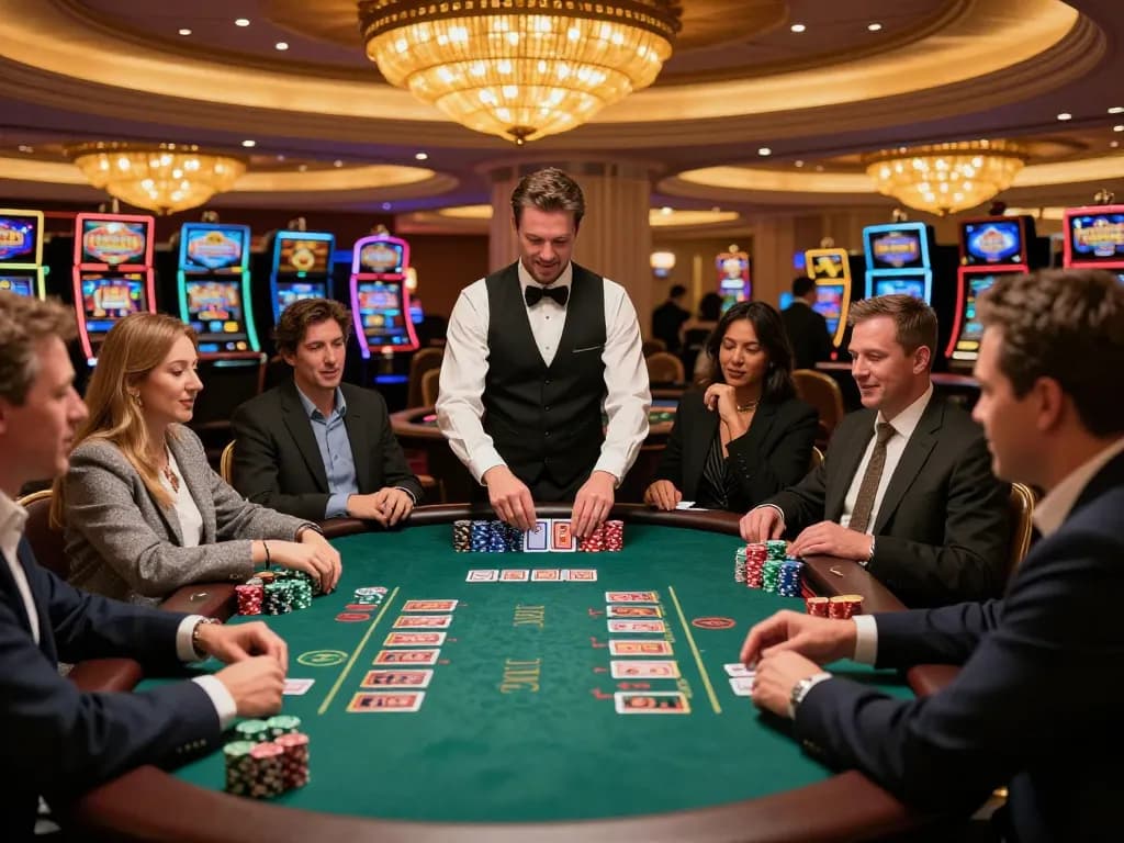 Players engage in a sun win blackjack game, capturing the excitement of a Las Vegas casino night.
