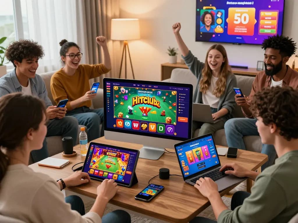 Engaged players enjoying Hitclub's online gaming experience across various devices in a vibrant living room setting.