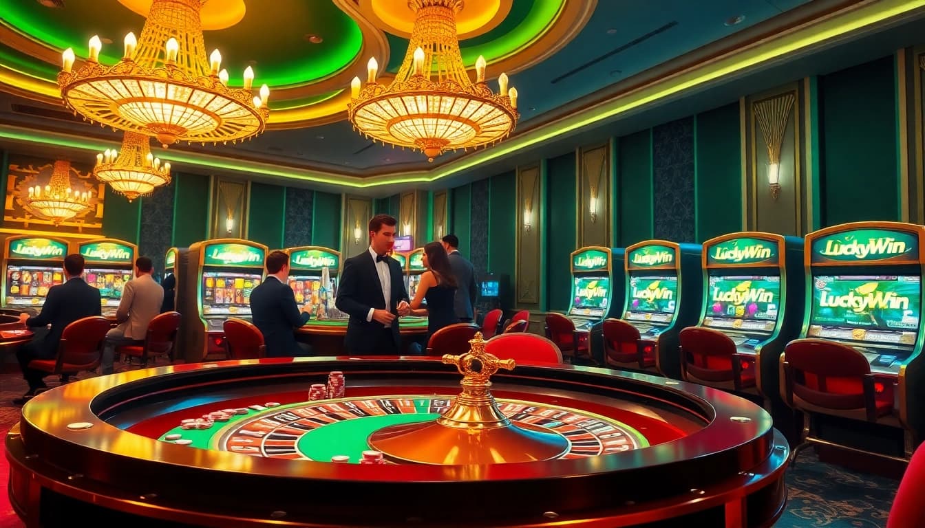 Players enjoying a luxurious gaming experience at LuckyWin casino with roulette and slot machines.