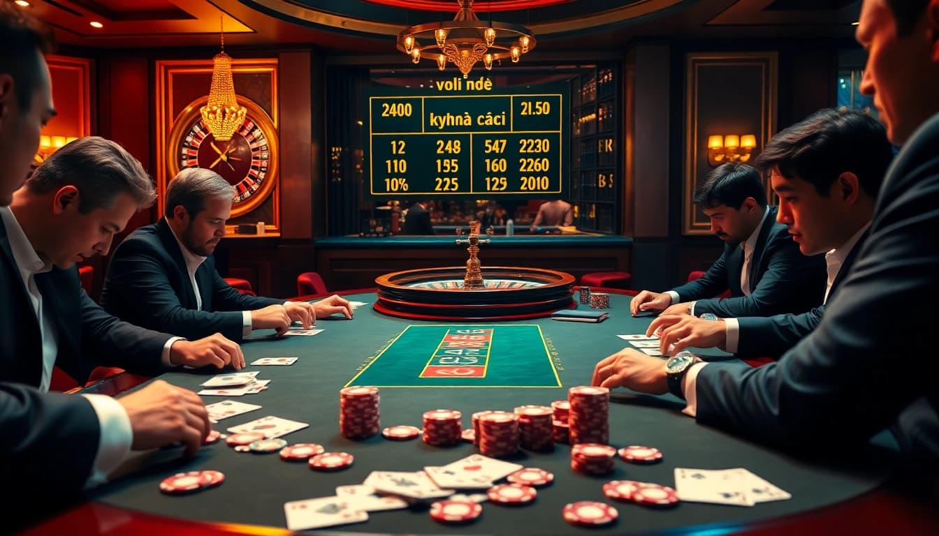 Kèo nhà cái displayed prominently at a luxurious poker table scene with players immersed in the game.