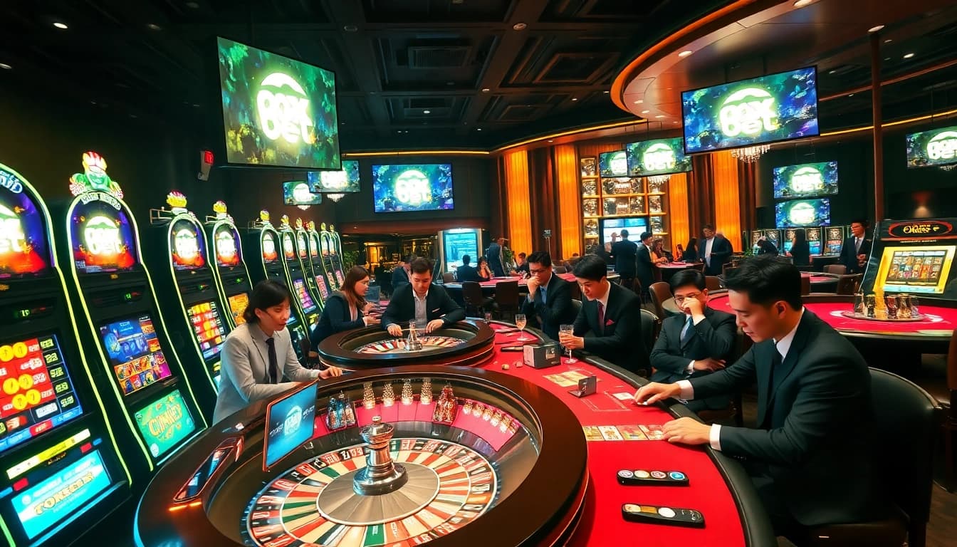 Players engaging in thrilling games at an ox bet luxury casino with vibrant slot machines.