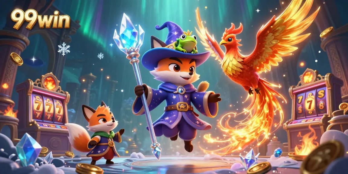 Experience the thrilling world of 99win with a mystical wizard and fiery phoenix in a vibrant casino.
