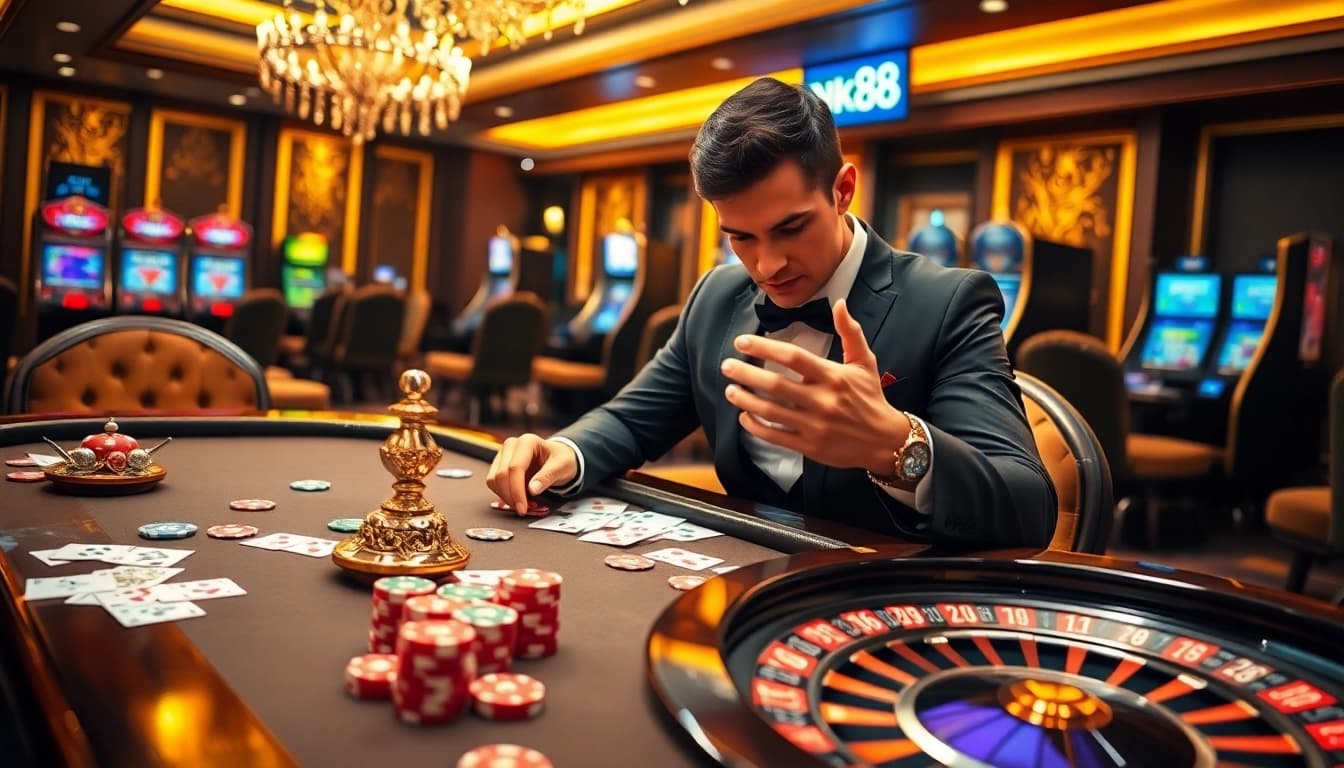 Nk88 player exploring high-stakes poker with vibrant chips and cards in a luxurious casino setting.