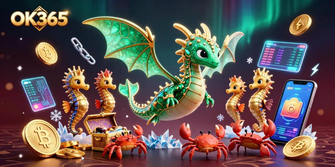 Engage with OK365's vibrant 3D casino scene filled with treasure, seahorses, and crypto coins.