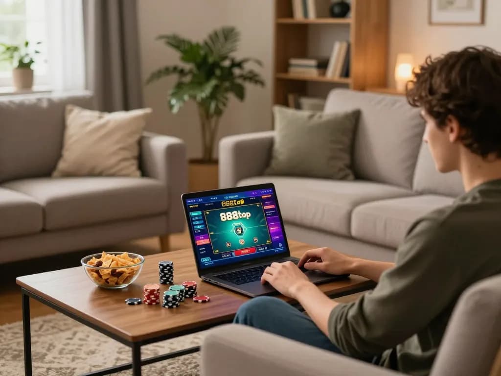 Person enjoying a poker game on 888top using a laptop in a cozy home setting, snack bowls and warm lighting enhancing the experience.