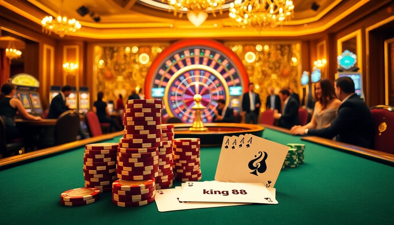 Experience thrilling gameplay at king 88 with a luxurious poker setting and vibrant casino elements.