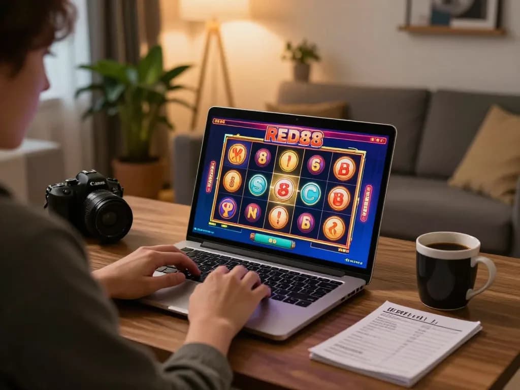 Engaging gameplay on RED88 slots at home, showcasing winning excitement and cozy atmosphere.