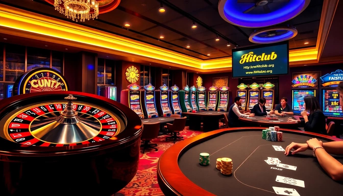 Players enjoying games at https://hitclub7.org/ casino, featuring vibrant slots and elegant tables.