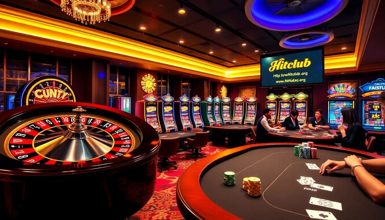 Players enjoying games at https://hitclub7.org/ casino, featuring vibrant slots and elegant tables.