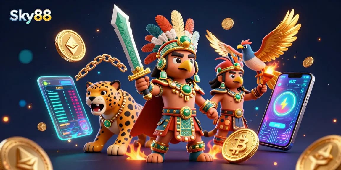 Sky88 features an Aztec warrior in a dynamic casino scene, showcasing Bitcoin and Ethereum coins.