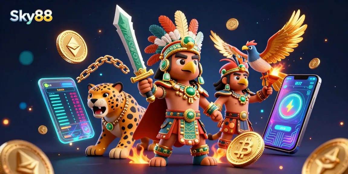 Sky88 features an Aztec warrior in a dynamic casino scene, showcasing Bitcoin and Ethereum coins.