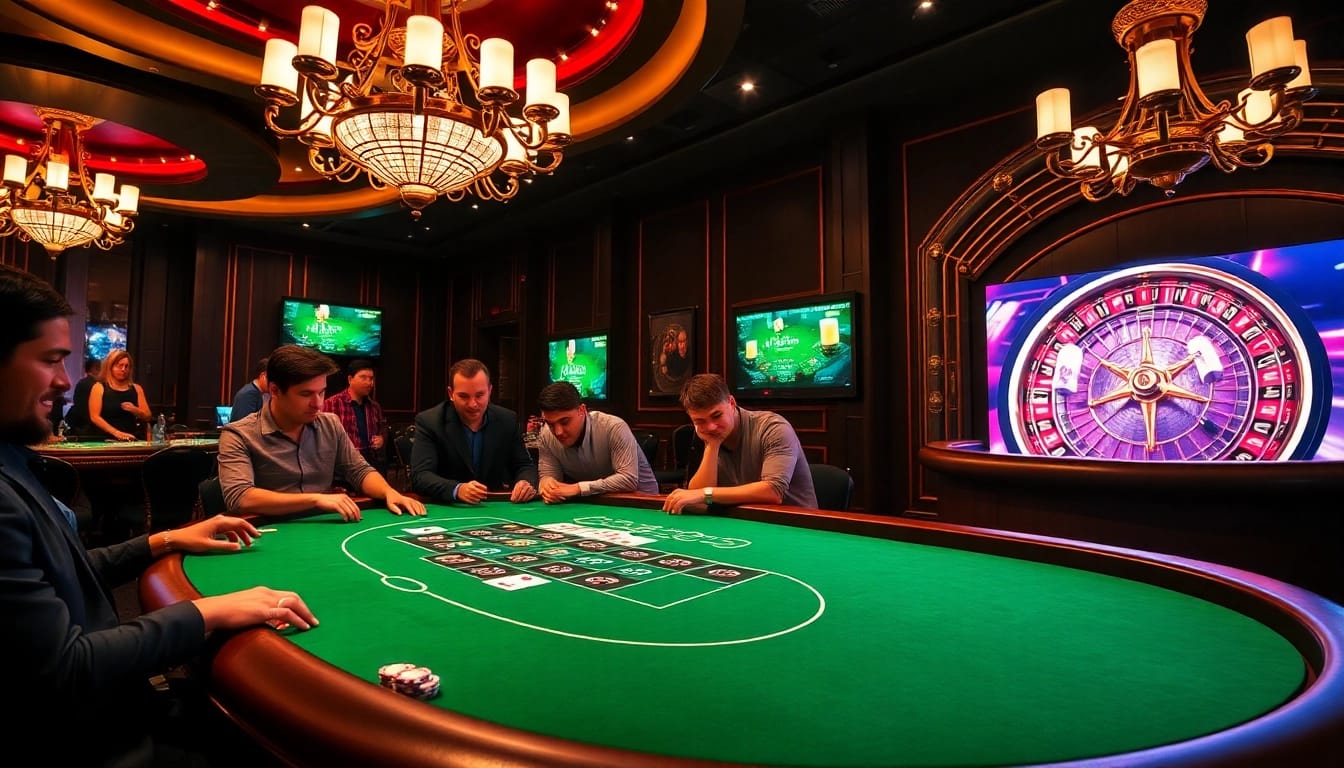 Players enjoying a thrilling poker game at 8DAY casino with vibrant atmosphere and high-stakes action.