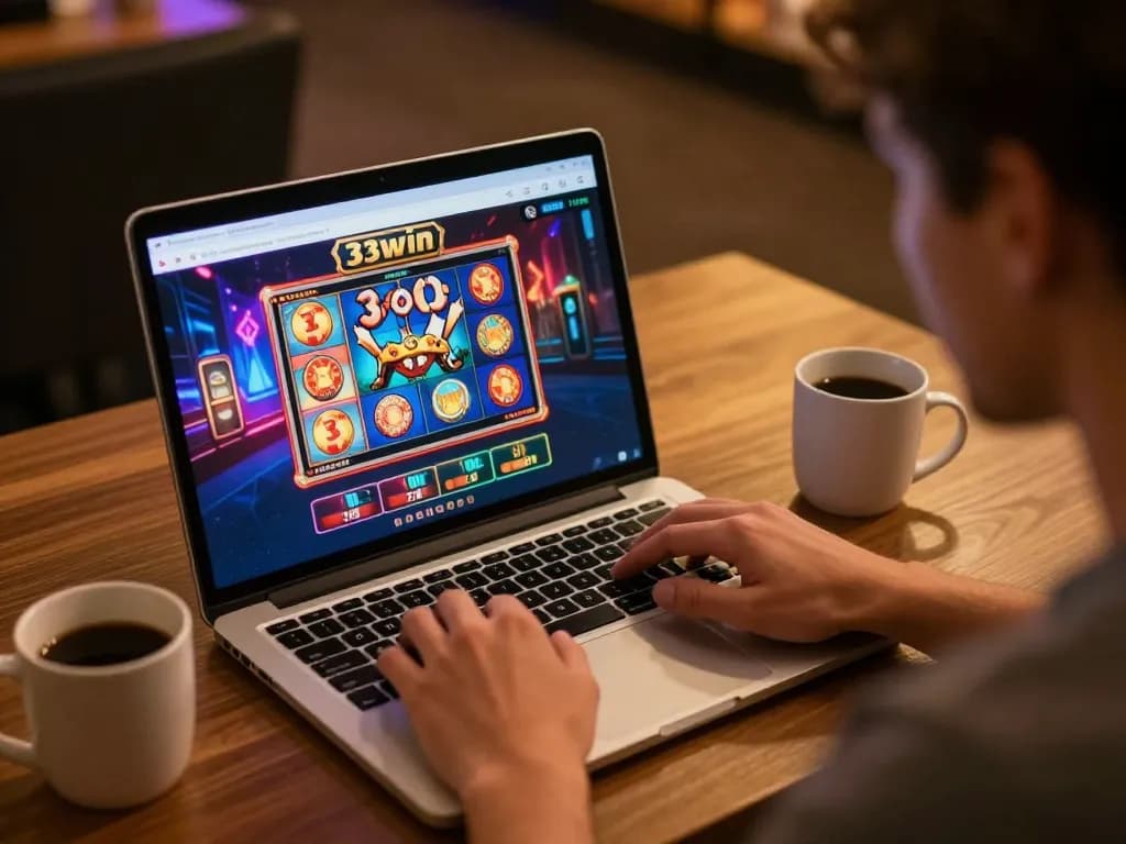 Engaging player experiencing strategic gameplay at 33win online casino platform on a laptop, showcasing vibrant graphics