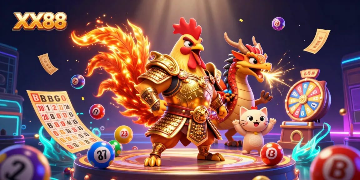 Experience the thrill of winning at XX88 with an action-packed casino scene featuring dynamic characters and vibrant game elements.