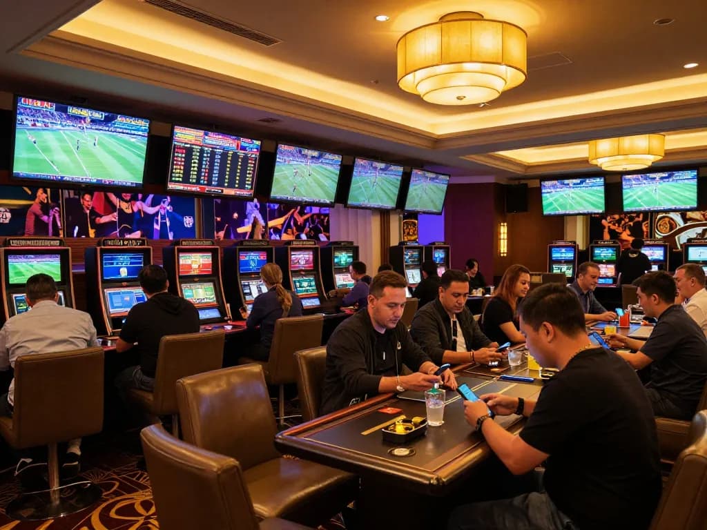 Engaged bettors analyzing odds at Fabet's upscale sports betting area, dynamic betting atmosphere captured.