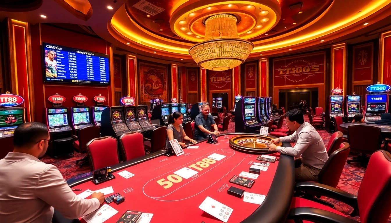 TT88 gaming table with players engaging in poker and roulette in a luxurious casino setting.
