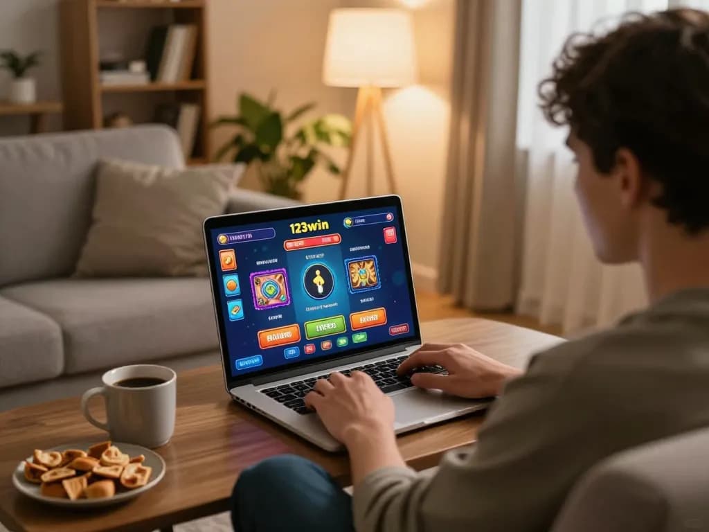 Player engaging with 123win online casino games from home, showcasing a cozy atmosphere