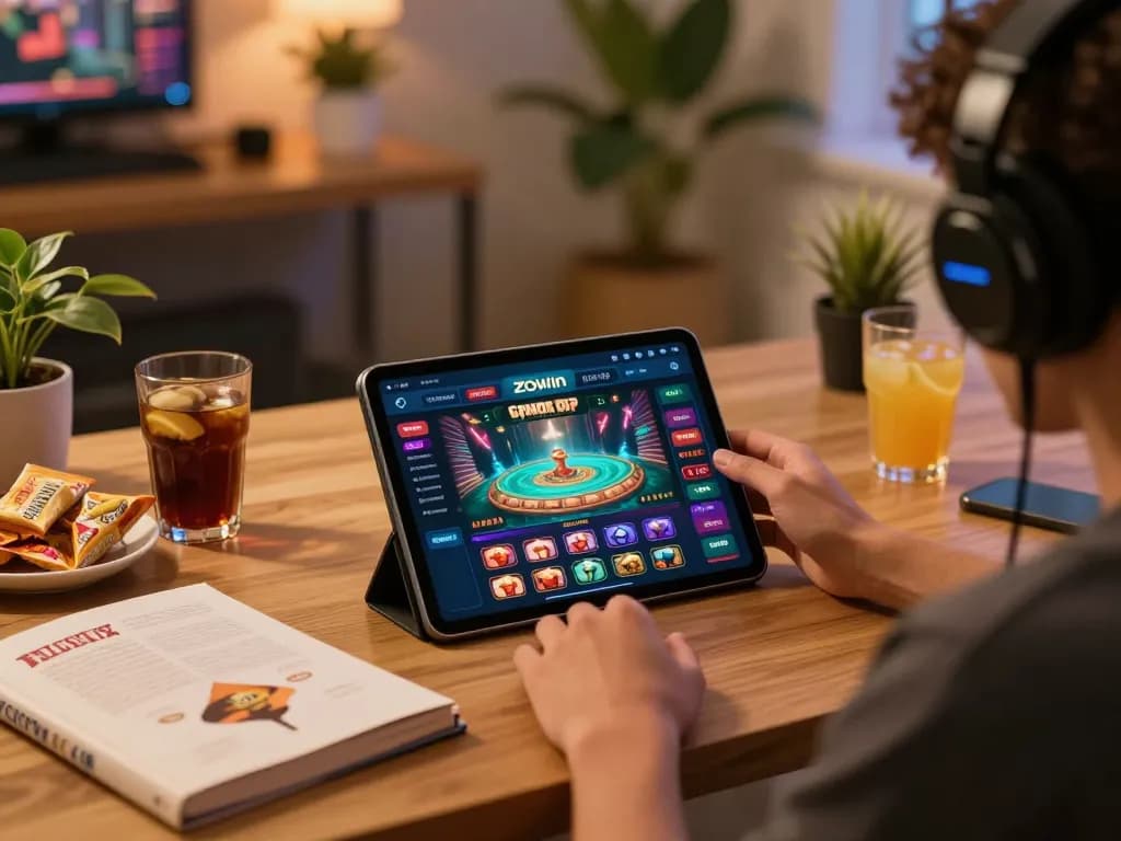 Engaging user playing Zowin casino app on a tablet, showcasing online gaming strategy.