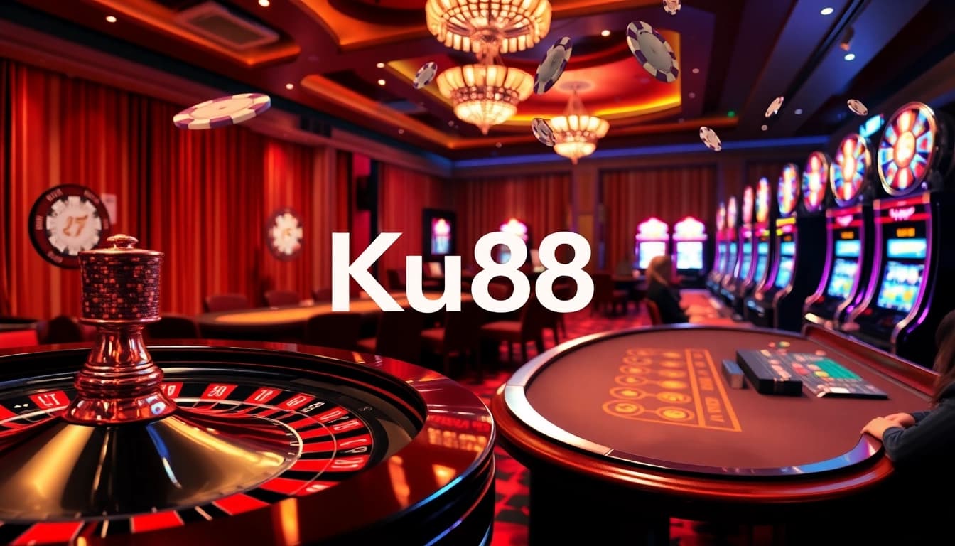 Ku88 casino scene illustrating vibrant gaming action with roulette, blackjack, and slot machines