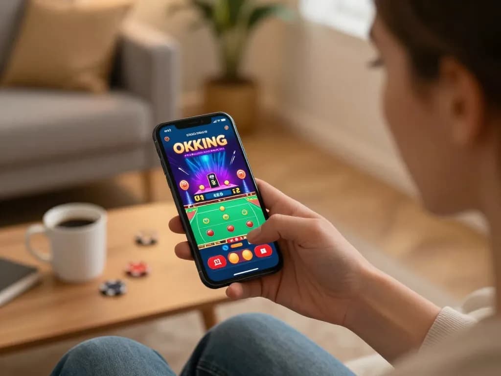Engaging with the okking app for live casino gaming on a smartphone in a cozy home setting.