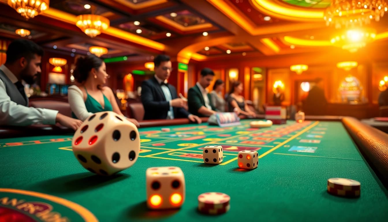 Tài xỉu MD5 table with players placing bets and rolling dice in an exciting casino setting.