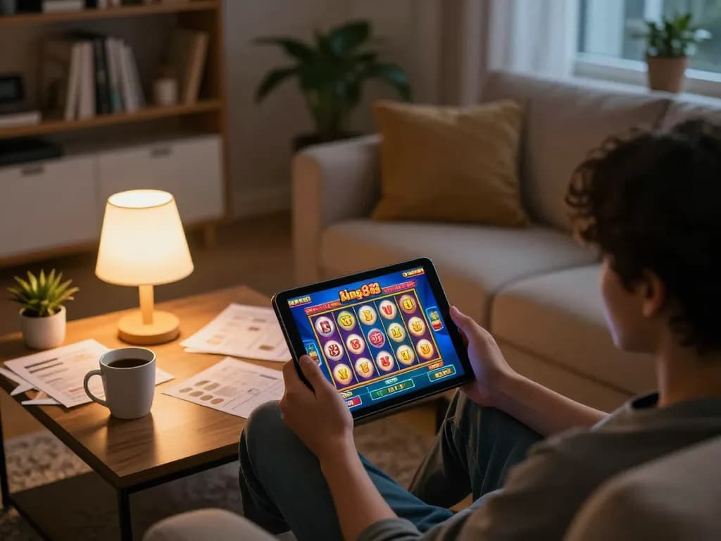 Engaging in the king88 online slot game at home, highlighting a cozy gaming atmosphere with strategy notes.