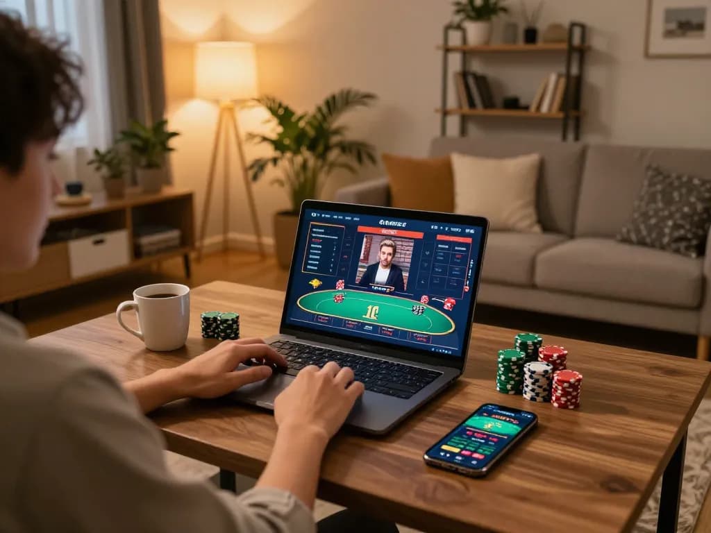 Engaging in poker gameplay on trang chủ 79king using a laptop in a cozy home setup with warm lighting.