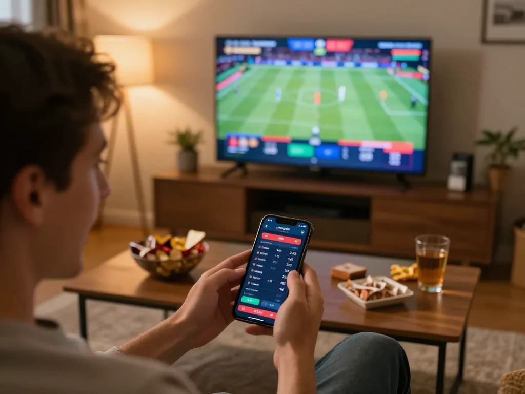 Engaging scene of a sports betting session with nhà cái luck8 application displayed on smartphone, emphasizing strategic decision-making.