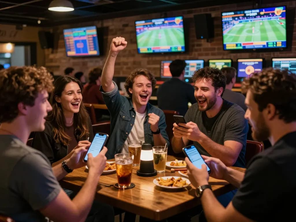 Net88 bettors excitedly placing wagers during live sports events in a vibrant sports bar