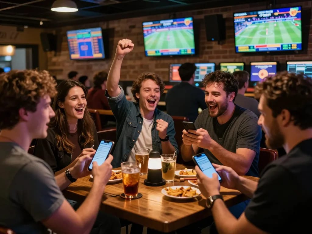Net88 bettors excitedly placing wagers during live sports events in a vibrant sports bar