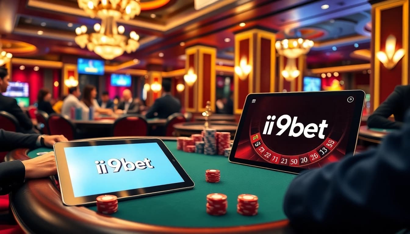 I9BET poker players enjoying a high-stakes game in a luxurious casino setting.