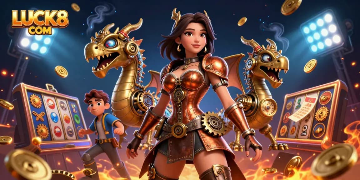 Experience thrilling gameplay at LUCK8 COM with vivid 3D casino illustration featuring a steampunk dragon and slots.