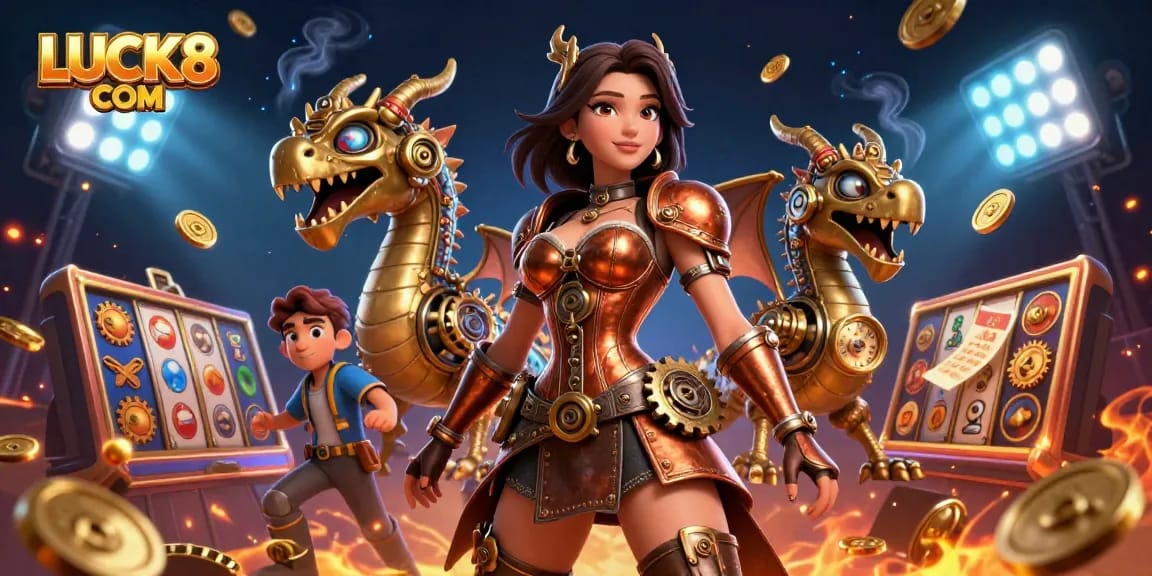 Experience thrilling gameplay at LUCK8 COM with vivid 3D casino illustration featuring a steampunk dragon and slots.