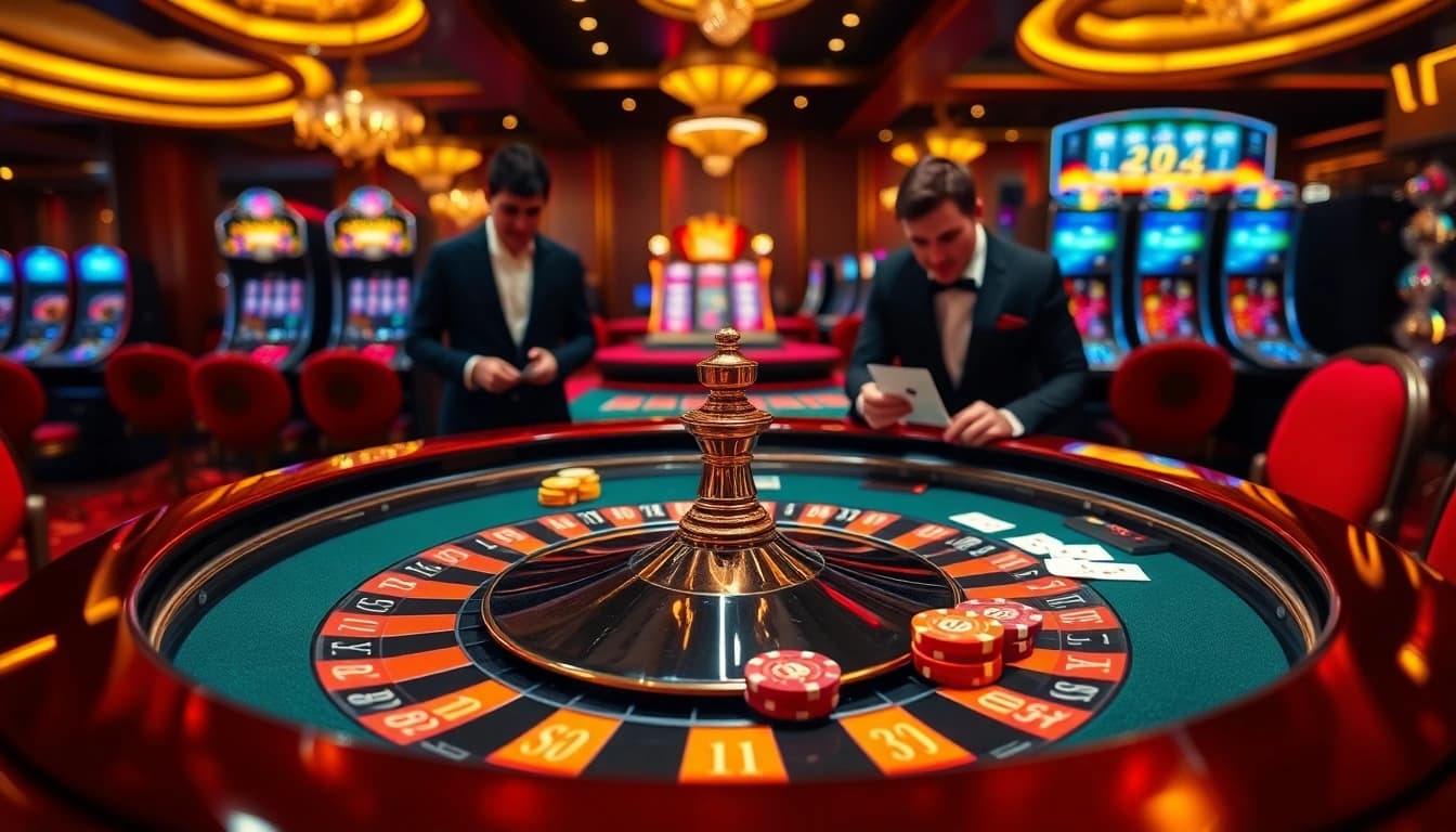 Experience high-stakes gaming excitement at TV888's luxurious casino with vibrant roulette and poker tables.