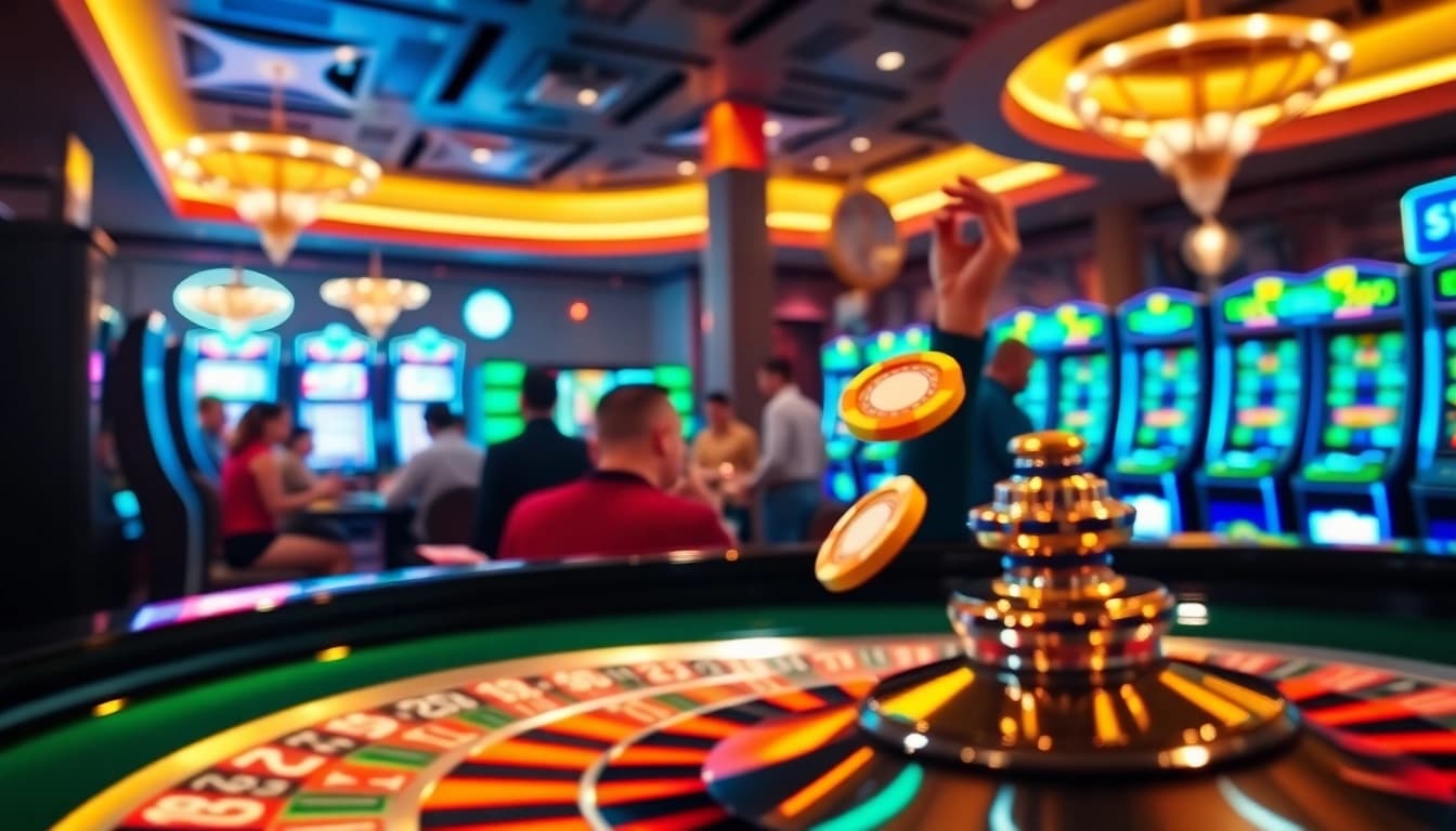 Bl555 players celebrate wins at the vibrant roulette wheel in an upscale casino setting