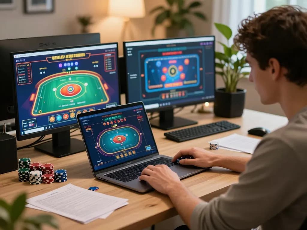 N188 online poker player engaged in a strategic gaming session at home with laptop and notes