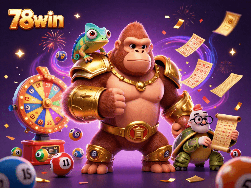 78win showcases a gorilla king, a chameleon, and a tortoise in a vibrant casino scene, celebrating with dynamic lottery elements.