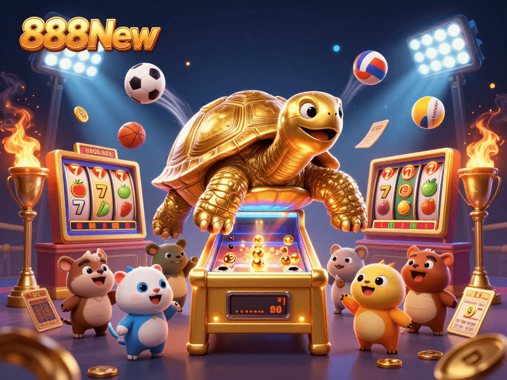 Experience the thrill of winning at 888New with golden tortoise and dynamic slot elements.