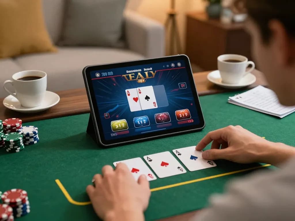 Engaging home poker scene with a player enjoying 92SLOT on their tablet, showcasing strategy and comfort.