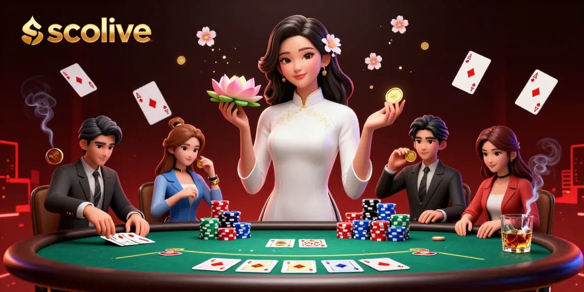 Experience socolive's live betting excitement with an elegant Asian woman surrounded by vibrant gaming elements.