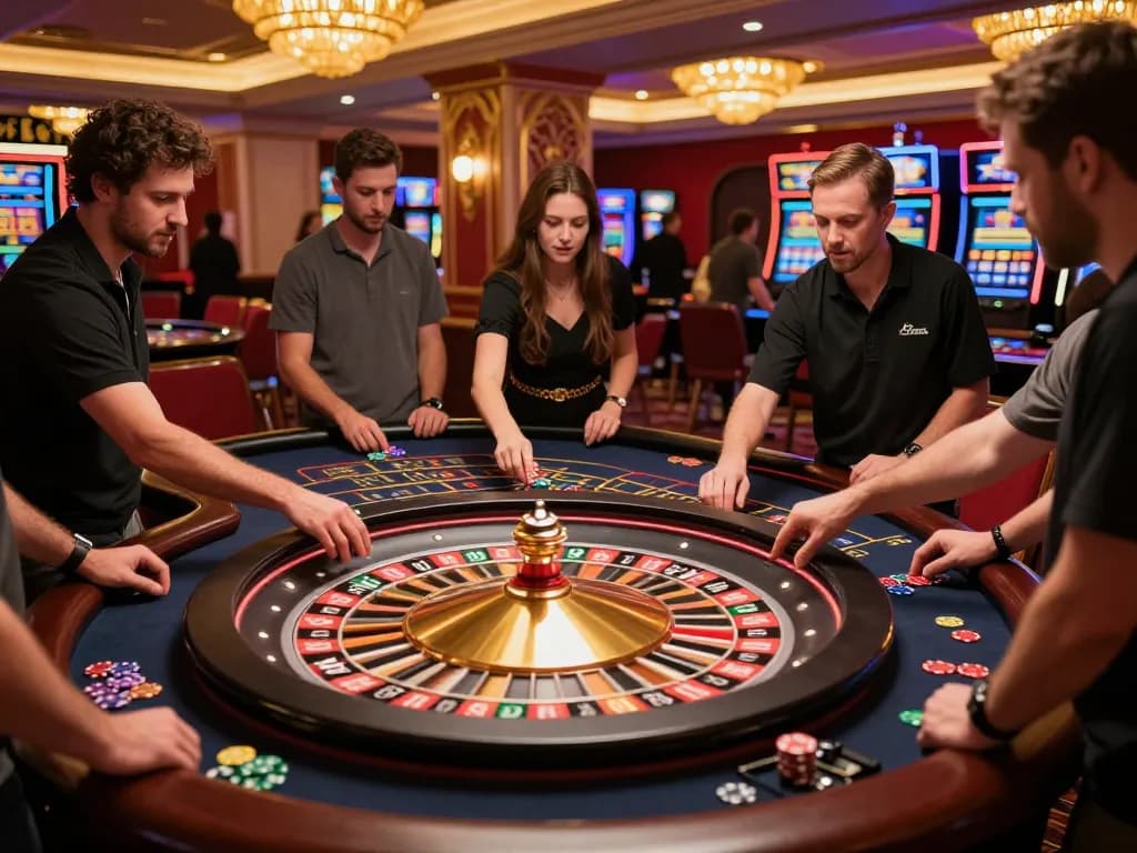 bl555 players placing bets at a lively roulette table, capturing the excitement of casino gaming.