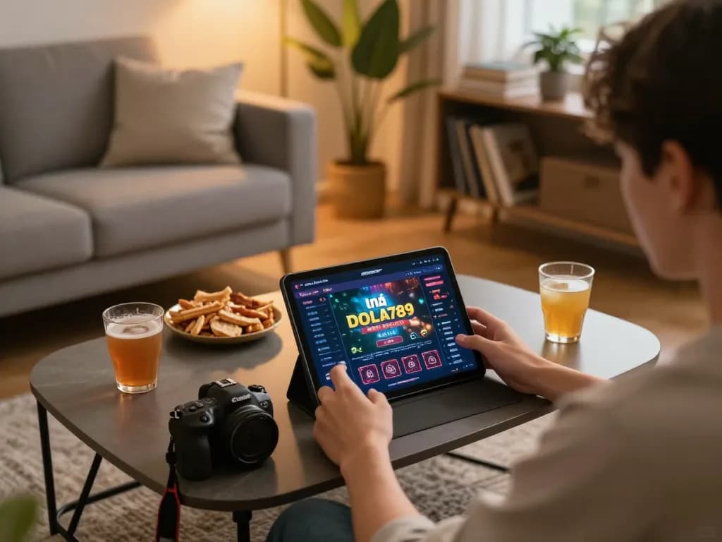Engaging gameplay with link vào DOLA789 displayed on online casino tablet in cozy home setting